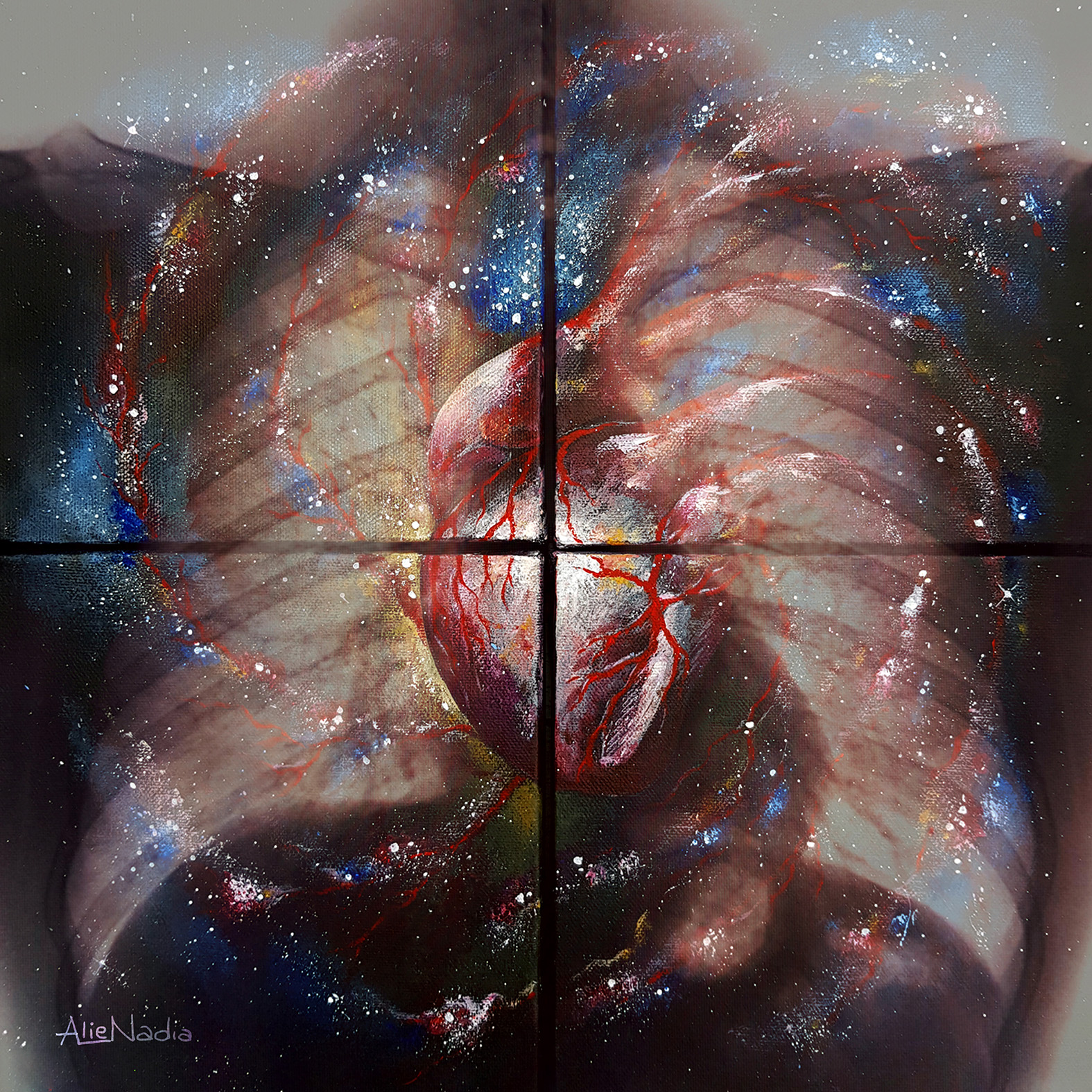 Scattered, opera di AlieNadia: radiografie e forme cosmiche dipinte
